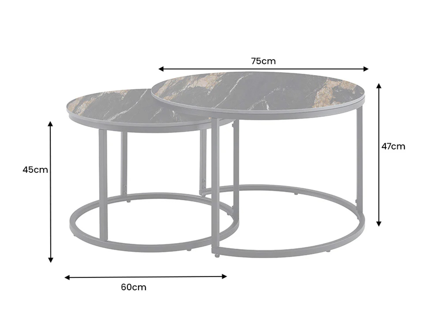Dimensions de l'ensemble de tables basses KAVEN 75 60 47 et 45 cm