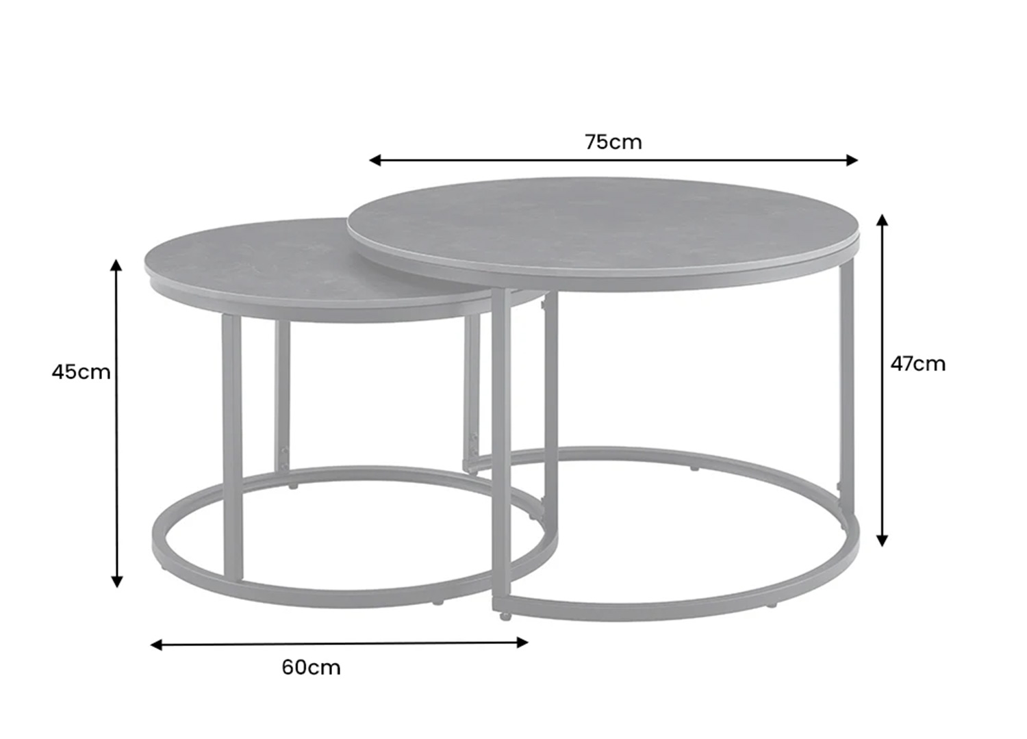 Dimensions de l’ensemble de 2 tables basses KAVEN en céramique anthracite 75 cm et 60 cm