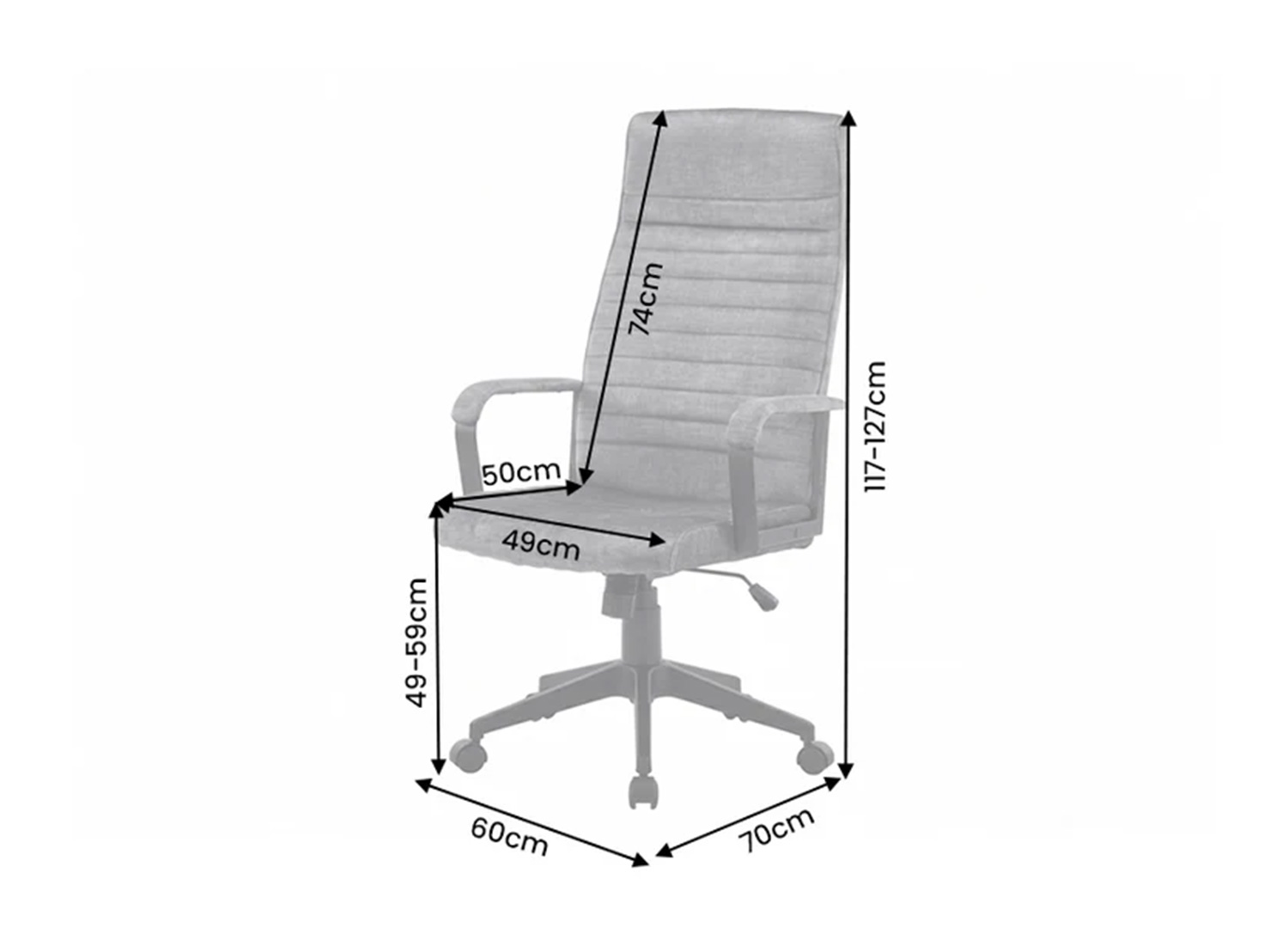 Schéma des dimensions du fauteuil de bureau SÉVAN anthracite réglable de 117 à 127 cm
