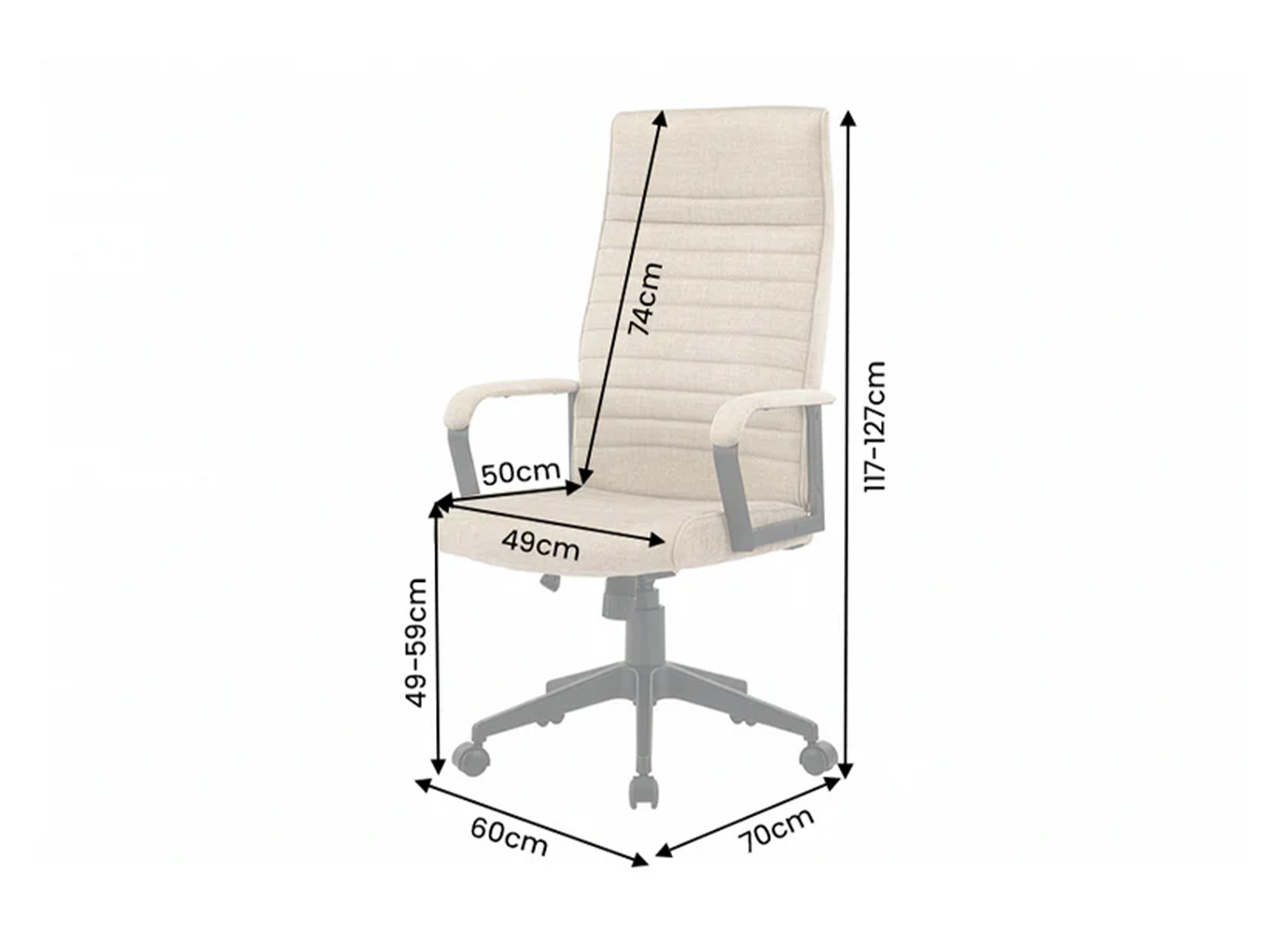 Schéma des dimensions du fauteuil de bureau SÉVAN beige réglable de 117 à 127 cm