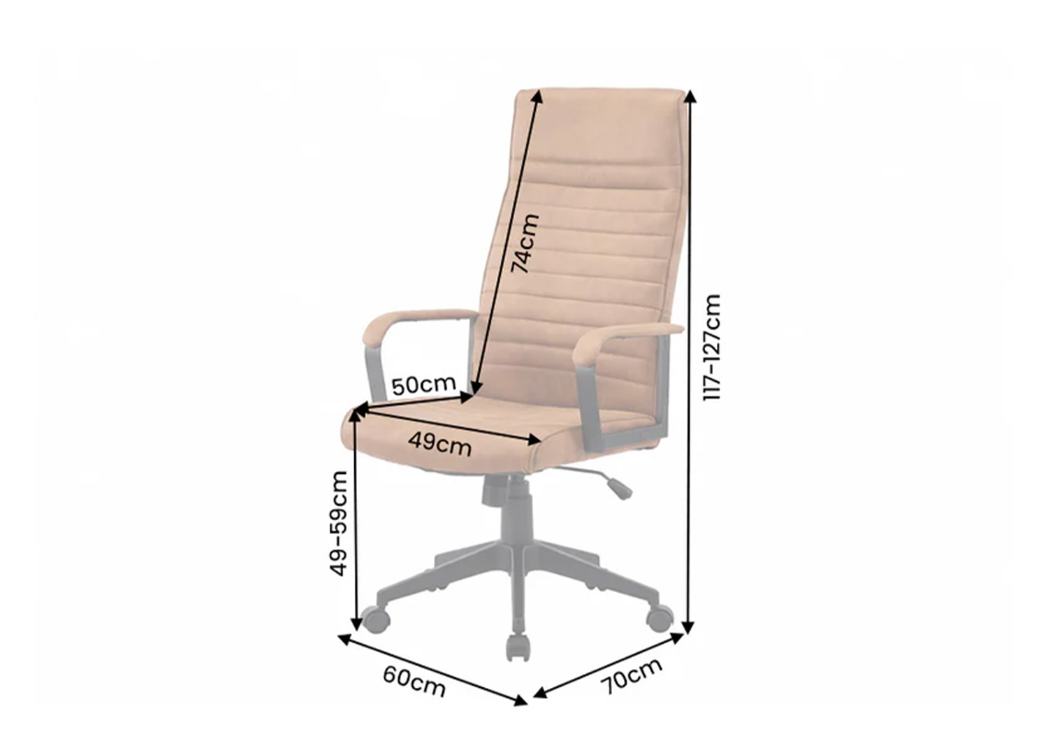 Schéma des dimensions du fauteuil de bureau SÉVAN marron vintage réglable de 117 à 127 cm