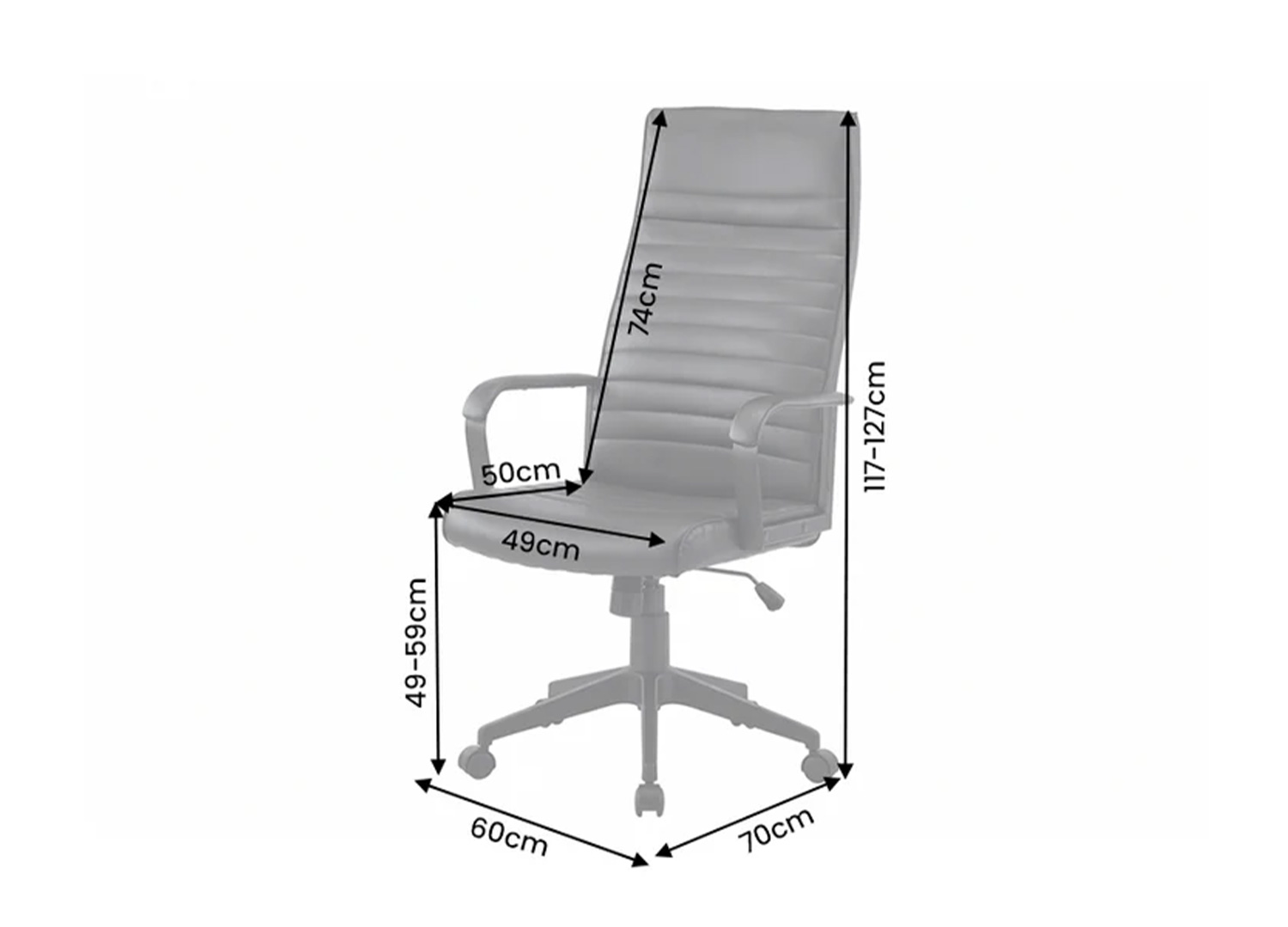 Schéma des dimensions du fauteuil de bureau SÉVAN noir réglable de 117 à 127 cm