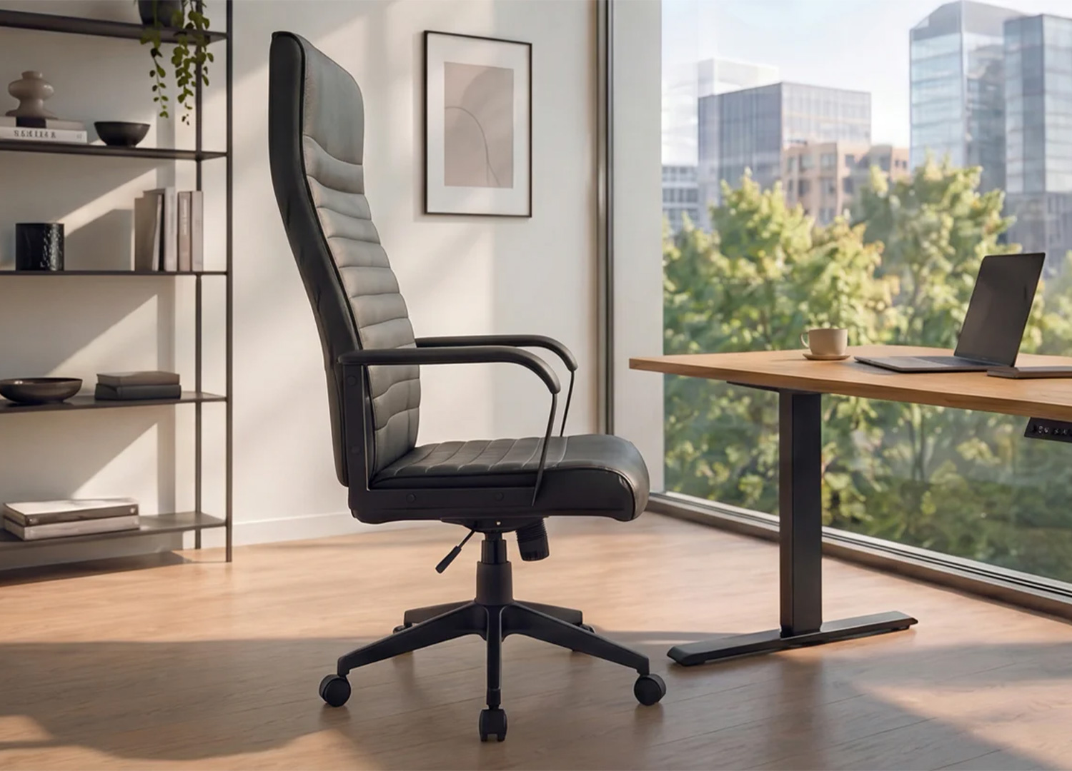 Vue de profil du fauteuil de bureau SÉVAN noir avec dossier haut et accoudoirs rembourrés