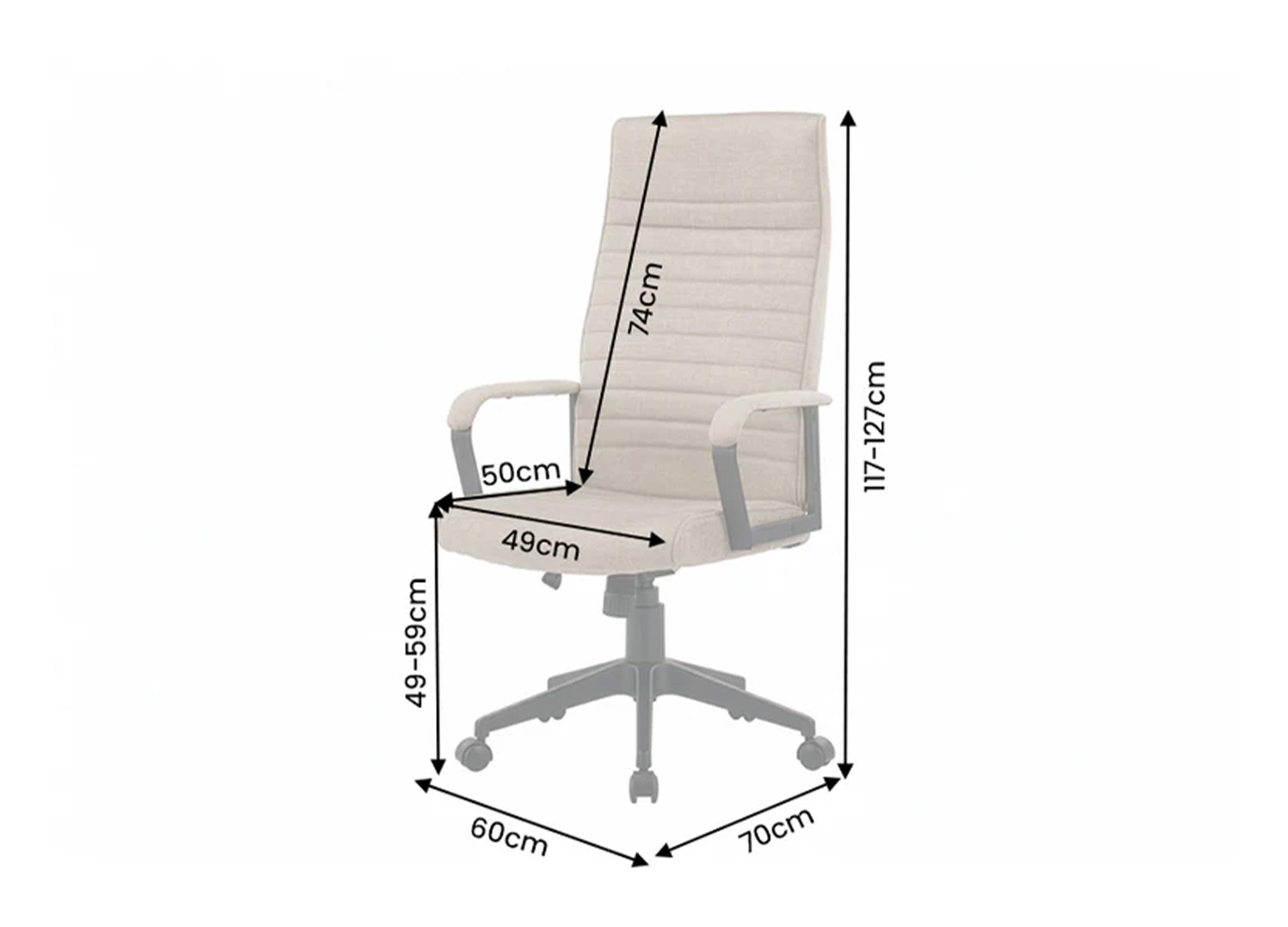 Schéma des dimensions du fauteuil de bureau SÉVAN taupe réglable de 117 à 127 cm