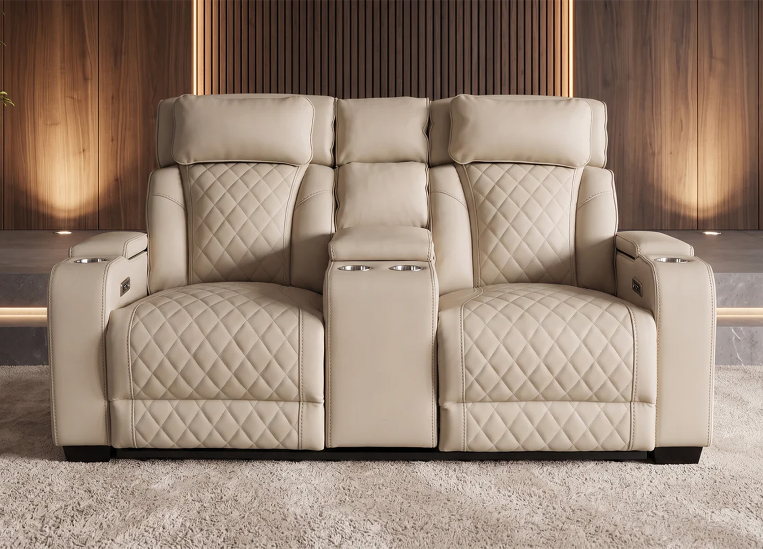 Vue de face du fauteuil cinéma électrique 2 places ÉVORIA en similicuir beige avec surpiqûres matelassées