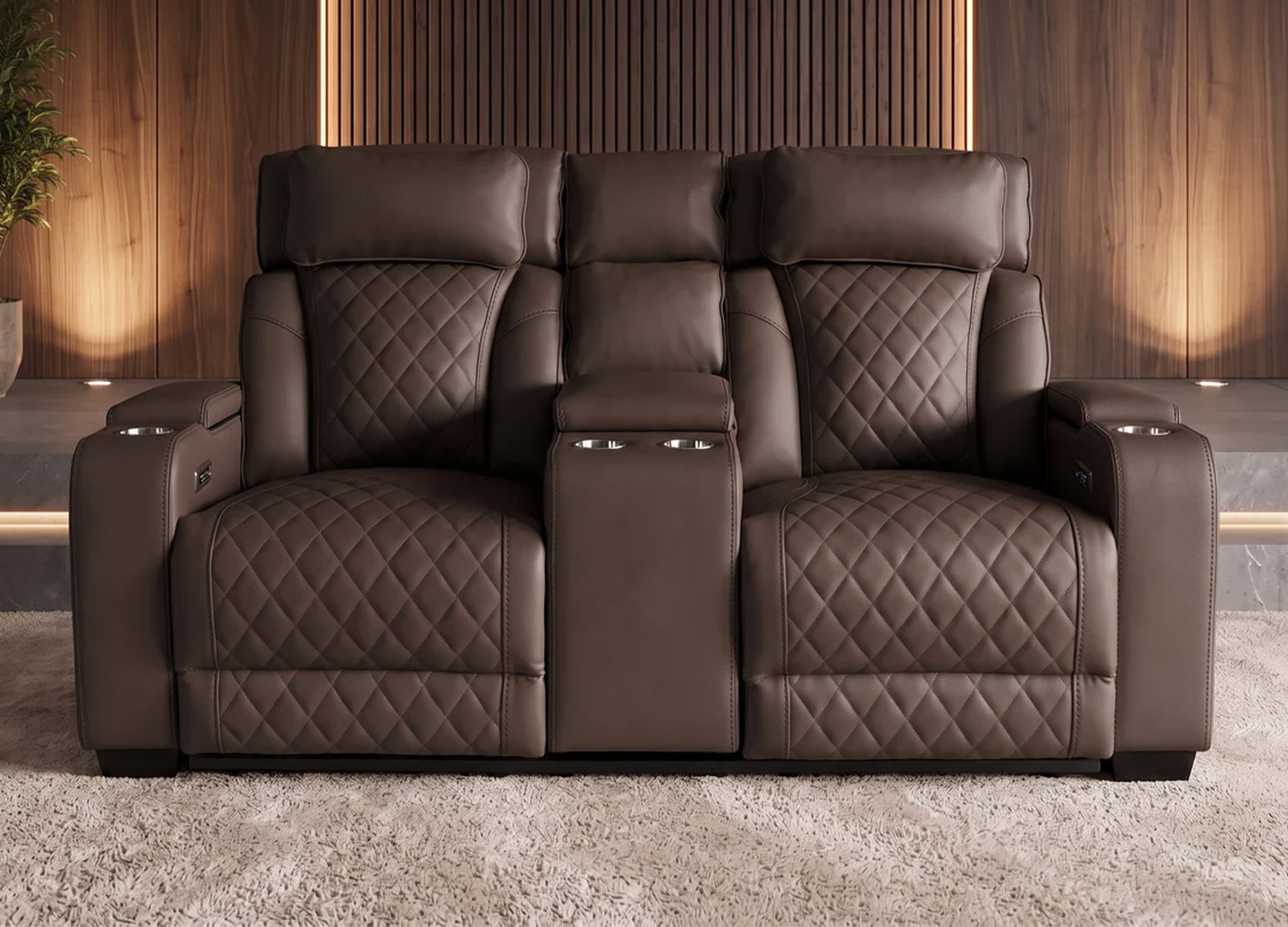 Vue de face du fauteuil cinéma électrique 2 places ÉVORIA en similicuir marron avec surpiqûres matelassées