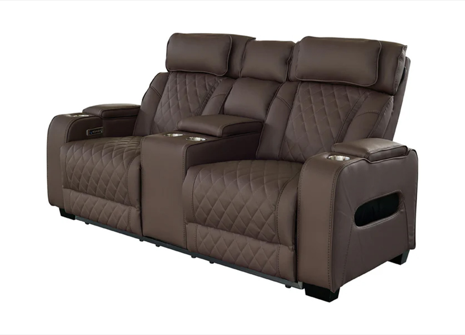 Fauteuil cinéma électrique 2 places ÉVORIA en similicuir marron avec console centrale et porte-gobelets sur fond blanc
