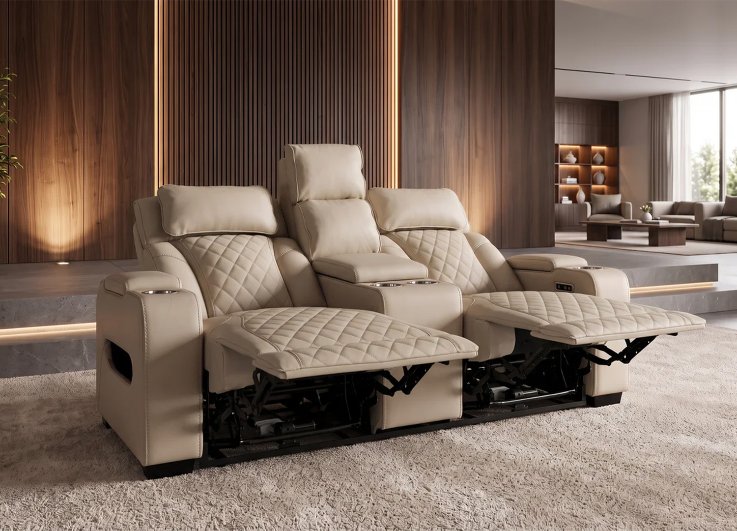 Fauteuil cinéma ÉVORIA beige avec ses deux assises relax électriques déployées dans un salon moderne