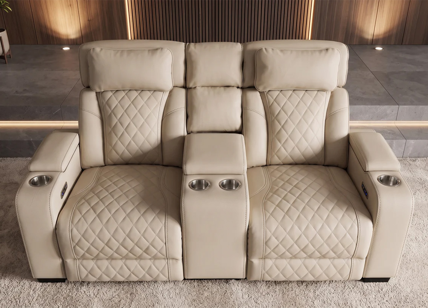 Vue de dessus du fauteuil cinéma ÉVORIA beige avec quatre porte-gobelets métalliques et console centrale