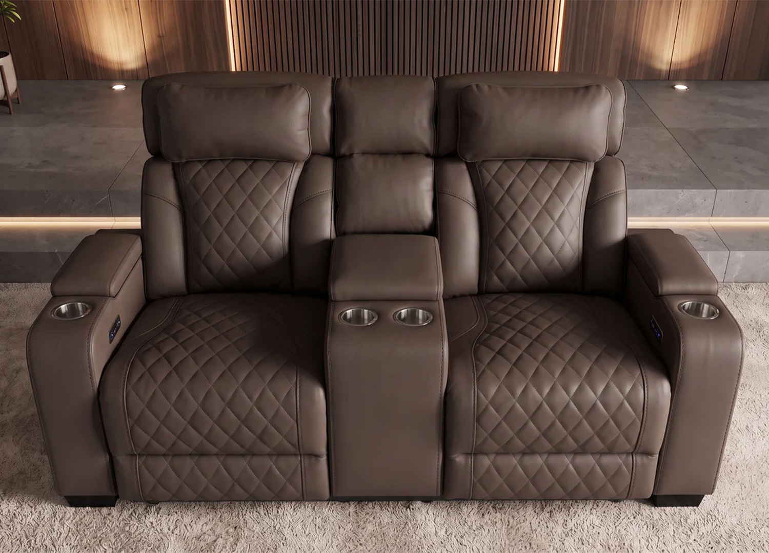 Vue de dessus du fauteuil cinéma ÉVORIA marron avec quatre porte-gobelets métalliques et console centrale