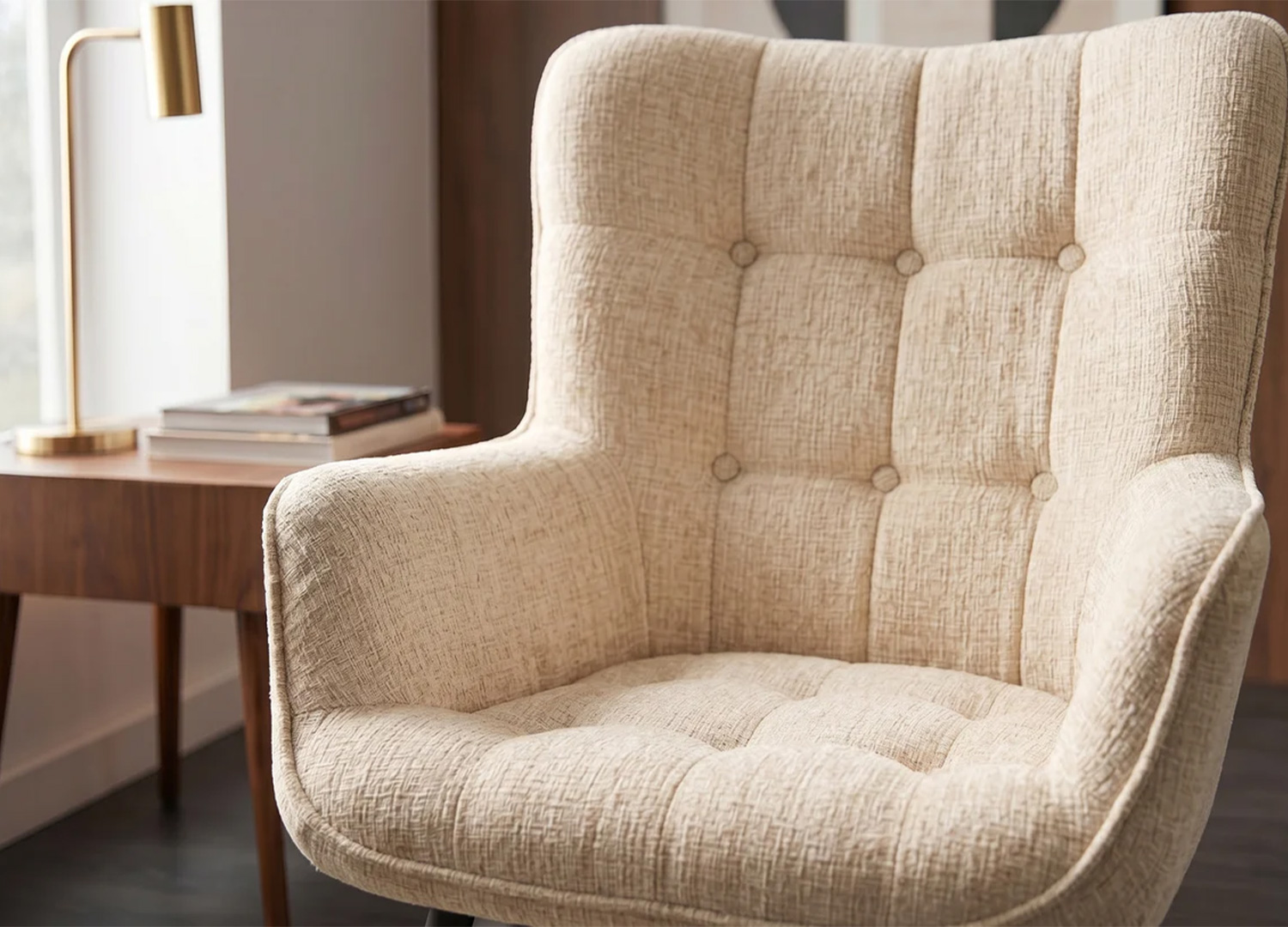 Gros plan sur l’assise capitonnée et les accoudoirs rembourrés du fauteuil SÉLÈNE champagne