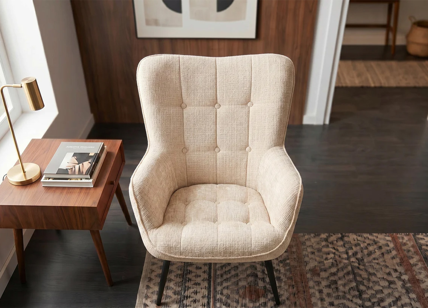 Vue plongeante du fauteuil SÉLÈNE champagne montrant son assise capitonnée et sa forme enveloppante