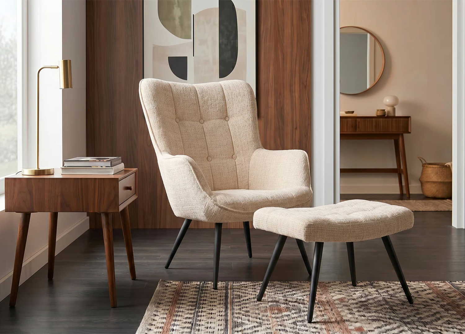 Fauteuil SÉLÈNE en chenille champagne avec repose-pieds assorti disponible en option dans une ambiance chaleureuse