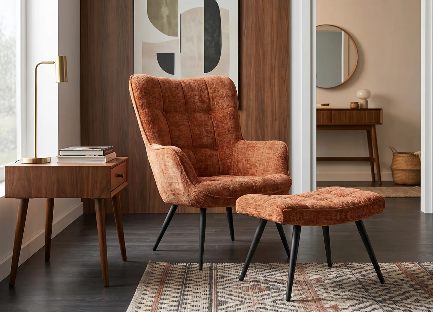 Fauteuil SÉLÈNE en chenille marron rouille avec repose-pieds assorti disponible en option
