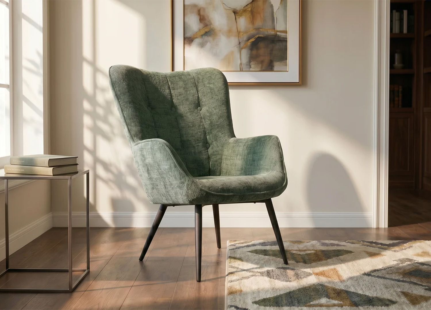 Fauteuil SÉLÈNE en chenille verte dans un coin lecture lumineux avec table d’appoint et tapis graphique
