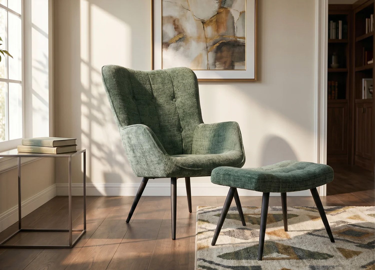 Fauteuil SÉLÈNE en chenille verte avec repose-pieds assorti disponible en option dans un coin détente lumineux