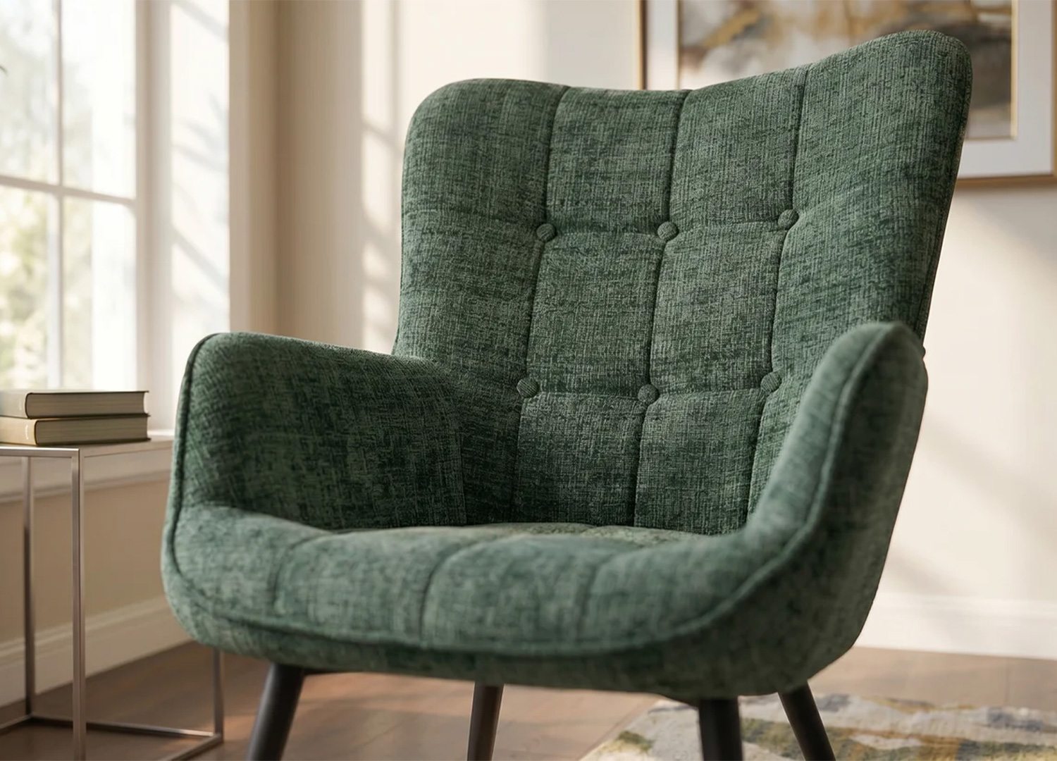 Gros plan sur le relief et la douceur du tissu chenille vert du fauteuil SÉLÈNE