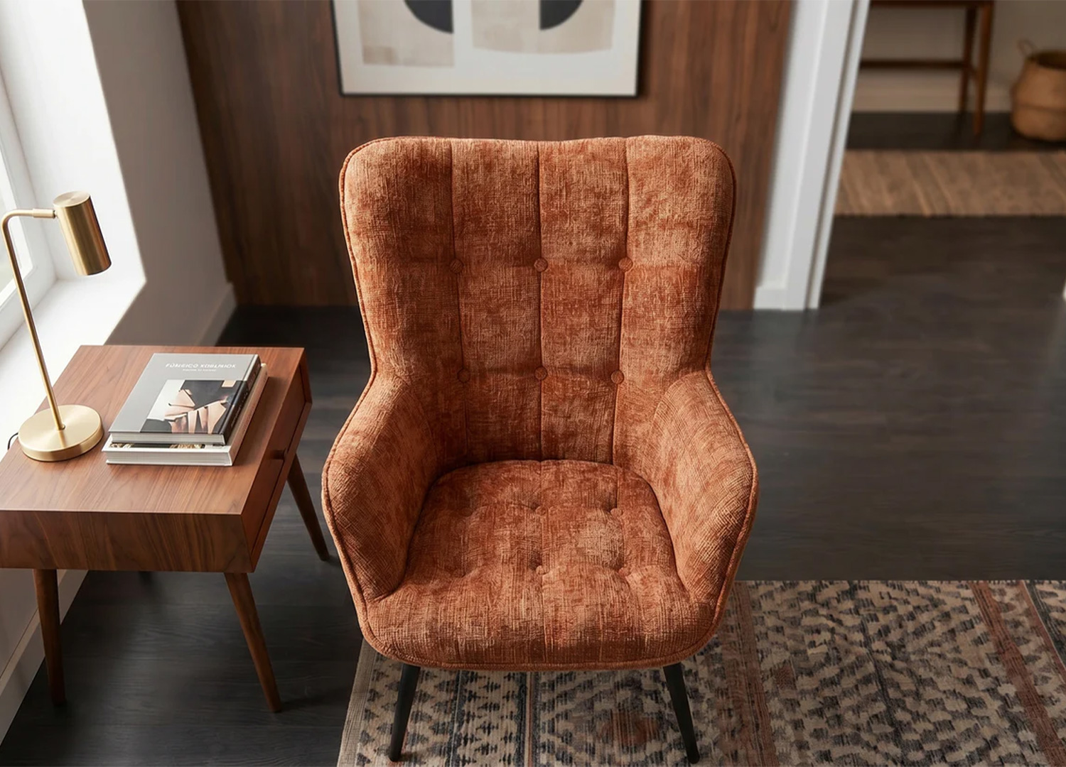 Vue plongeante du fauteuil SÉLÈNE marron rouille montrant son assise et sa coque enveloppante