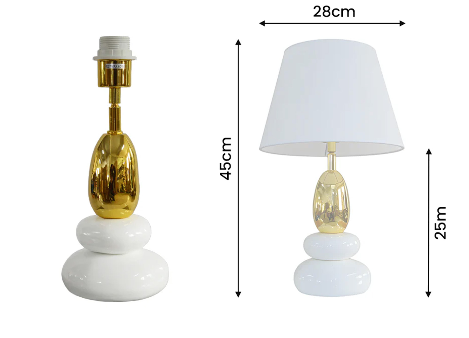 Dimensions de la lampe à poser AURÉA blanc et or 45 x 28 x 28 cm