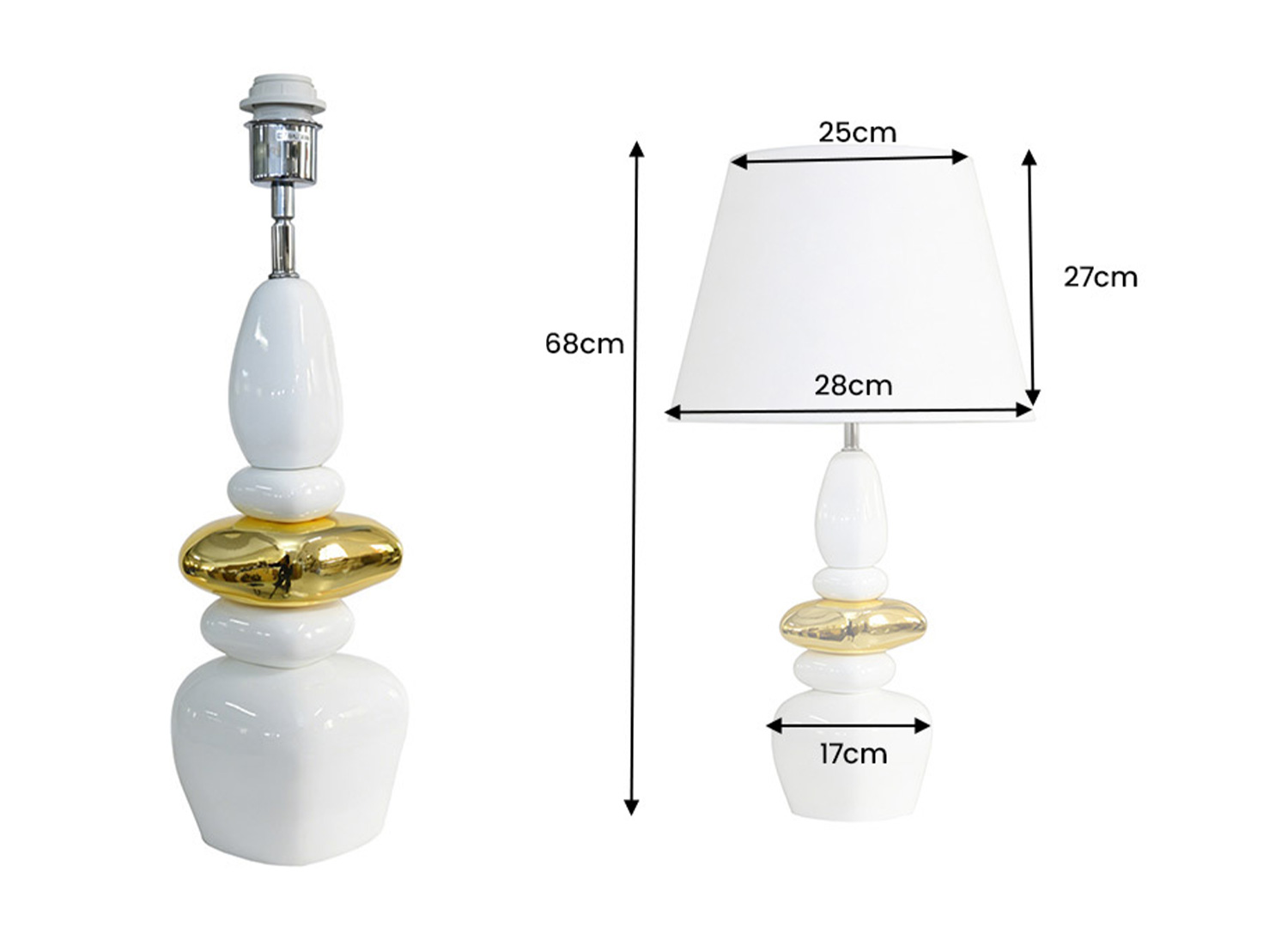 Dimensions de la lampe à poser AURÉA blanc et or 68 x 28 x 28 cm