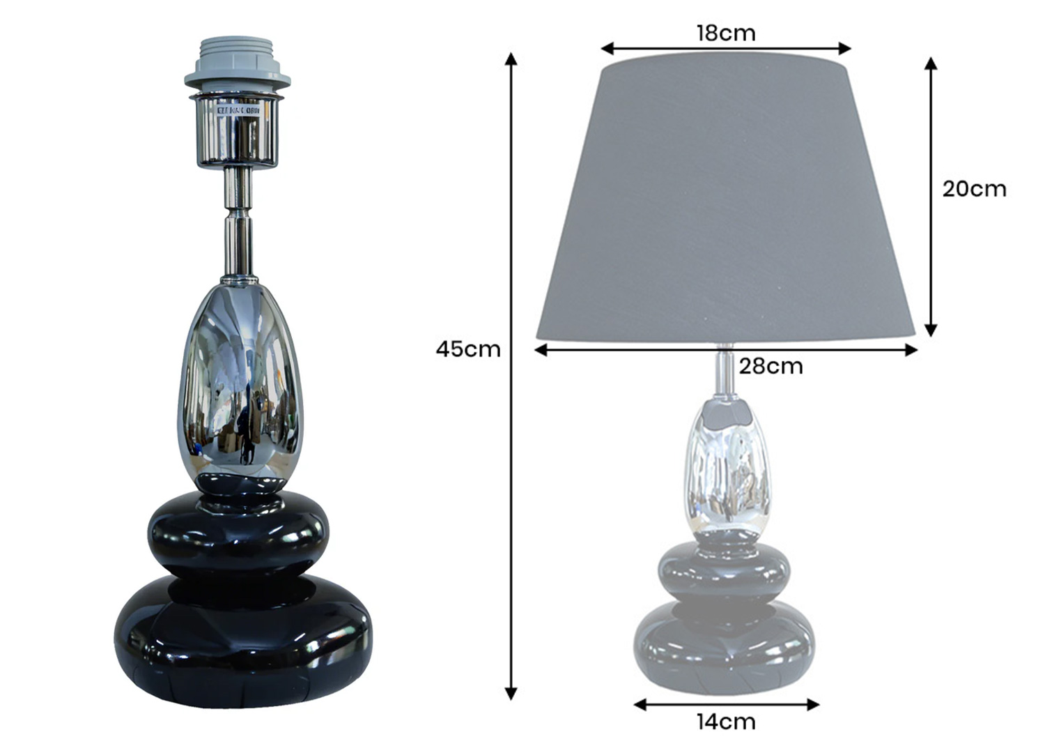 Dimensions de la lampe à poser AURÉA noir et argent 45 x 28 x 28 cm