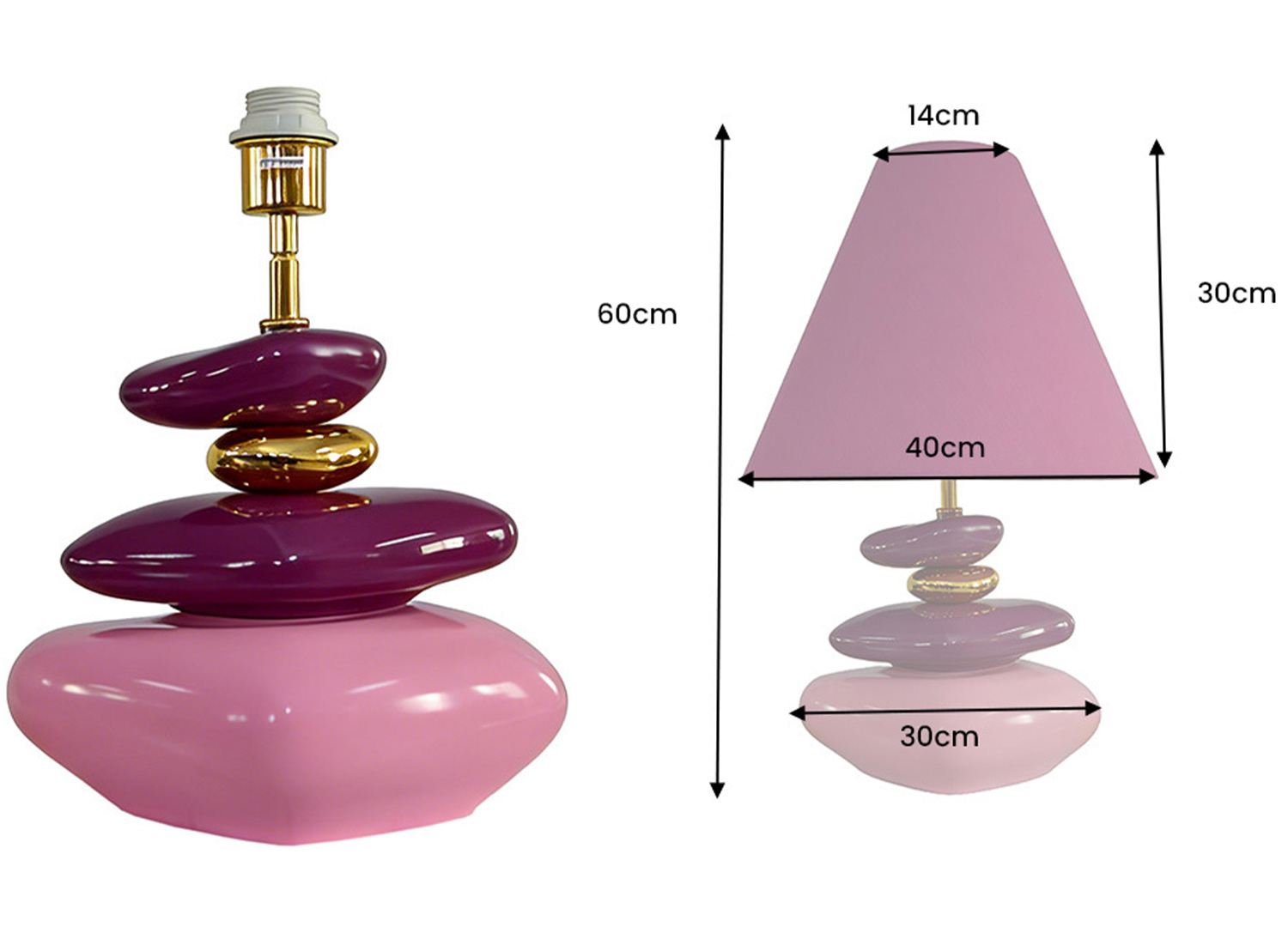 Dimensions de la lampe à poser AURÉA rose et or 60 x 40 x 40 cm