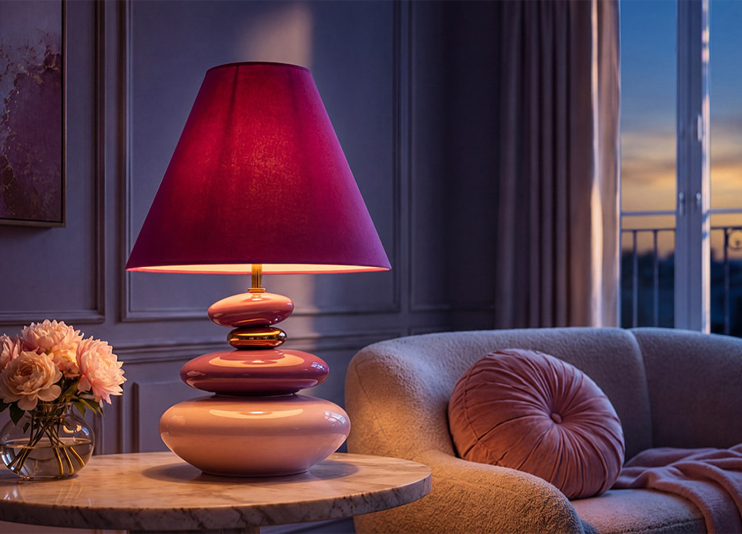 Lampe à poser AURÉA rose et or allumée dans une ambiance du soir chaleureuse