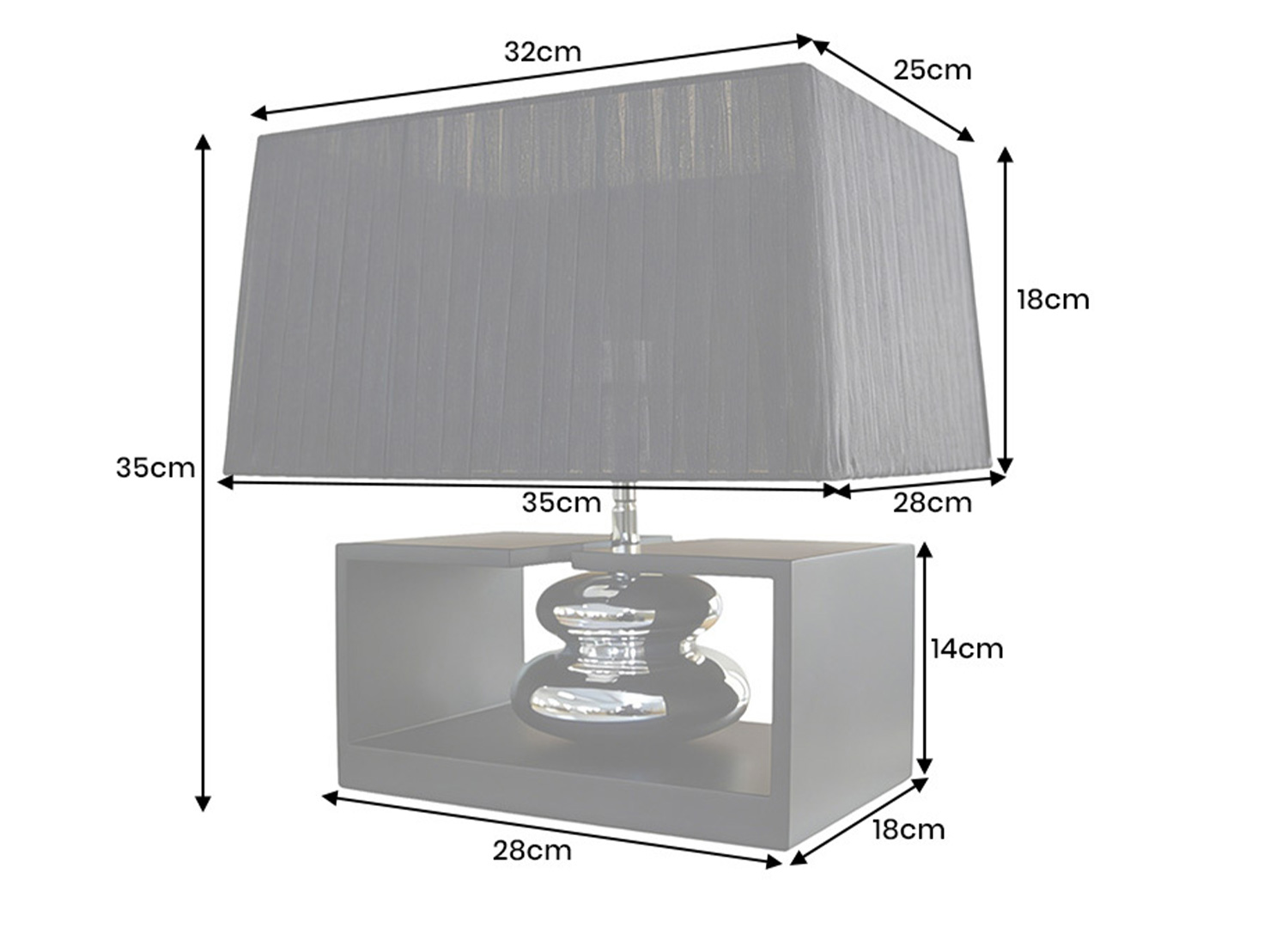 Dimensions de la lampe à poser NÉRA noir et argent 35 x 28 x 35 cm