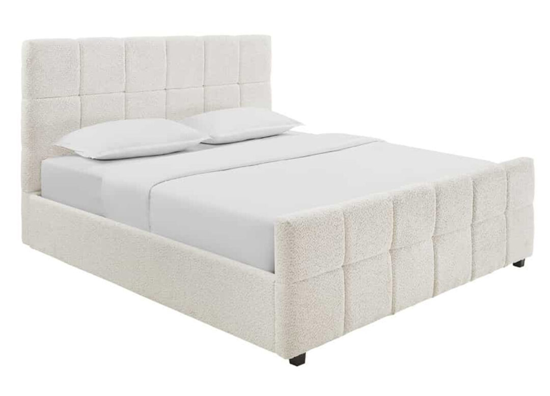 Lit coffre MÉRÉA 160 x 200 cm en tissu bouclé crème avec tête et pied de lit capitonnés sur fond blanc