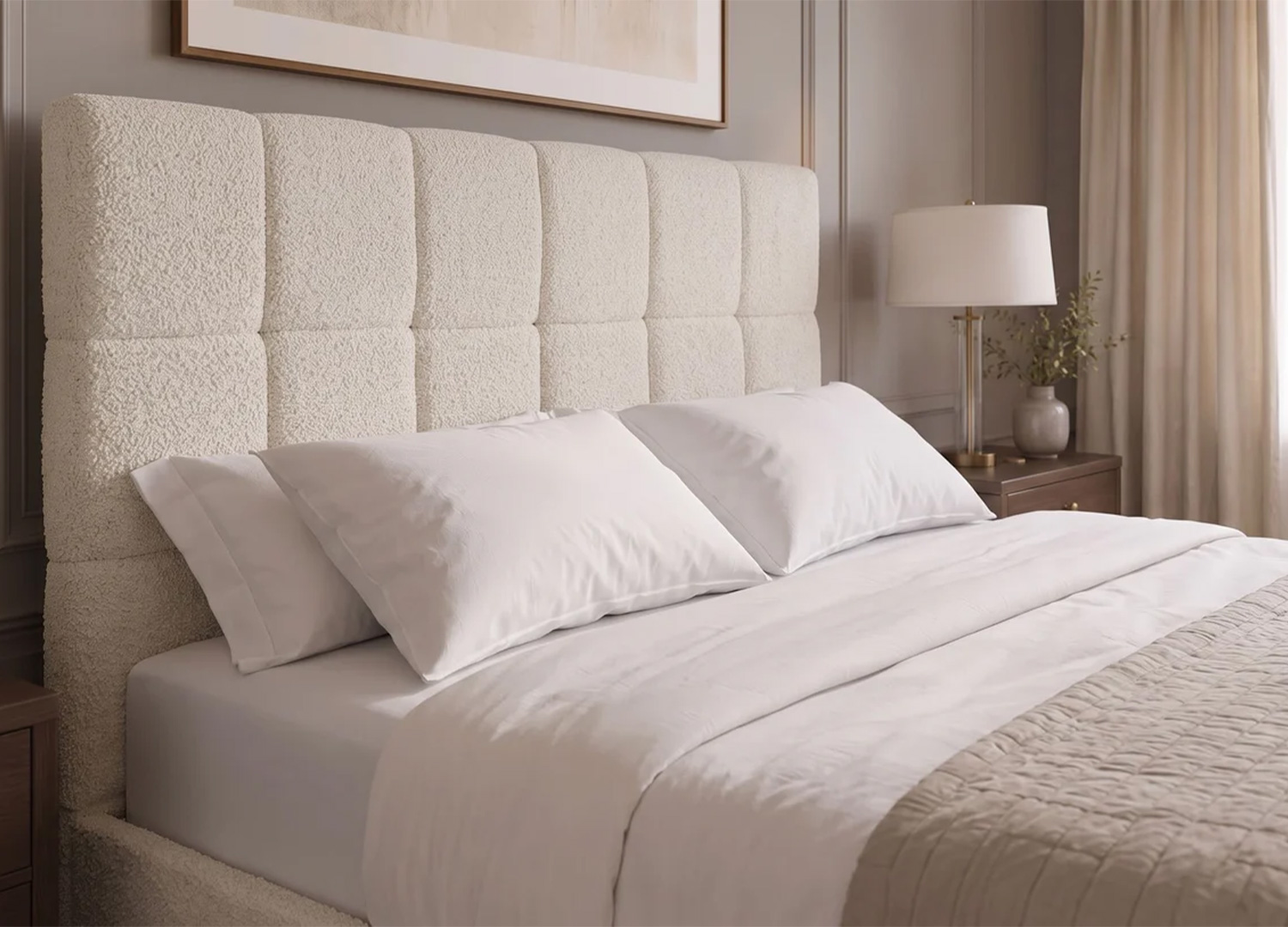 Tête de lit haute capitonnée du lit coffre MÉRÉA 160 x 200 cm en bouclé crème