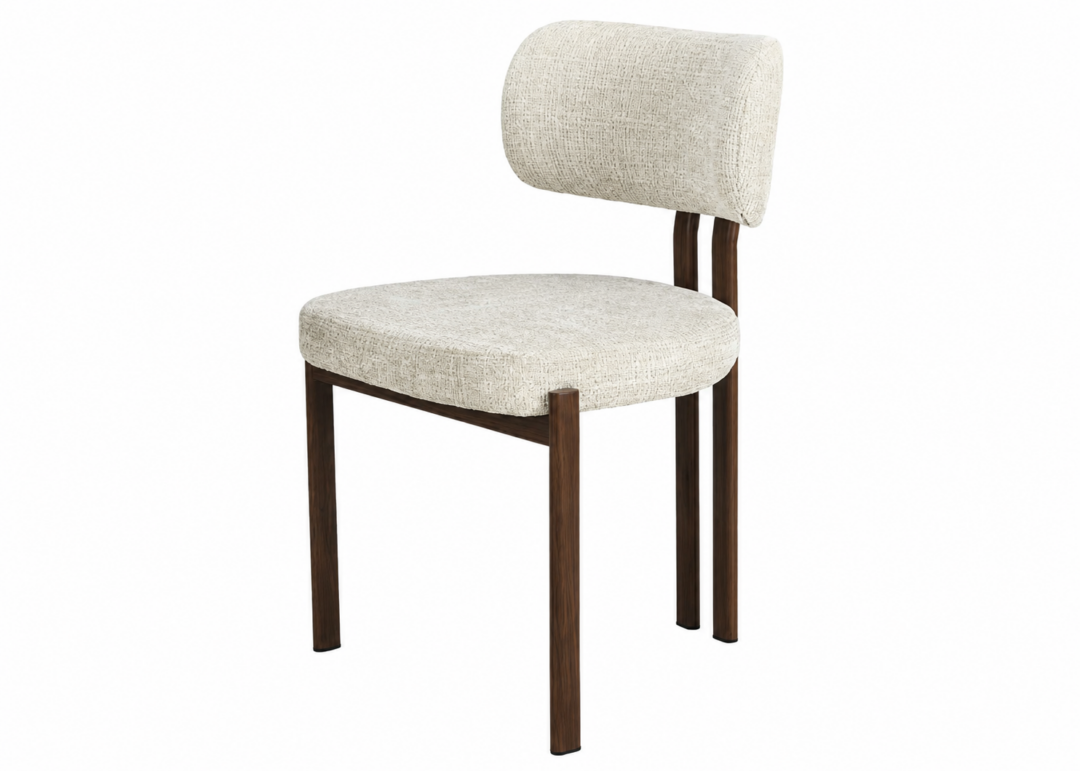 Lot de deux chaises AVELINE en tissu chenille beige crème et métal effet noyer sur fond blanc