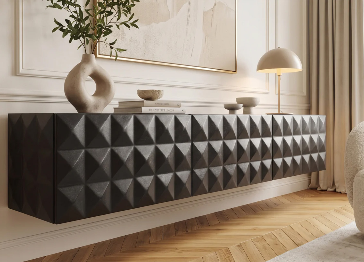 Vue de côté du meuble TV NÉRION montrant les motifs 3D sur les flancs