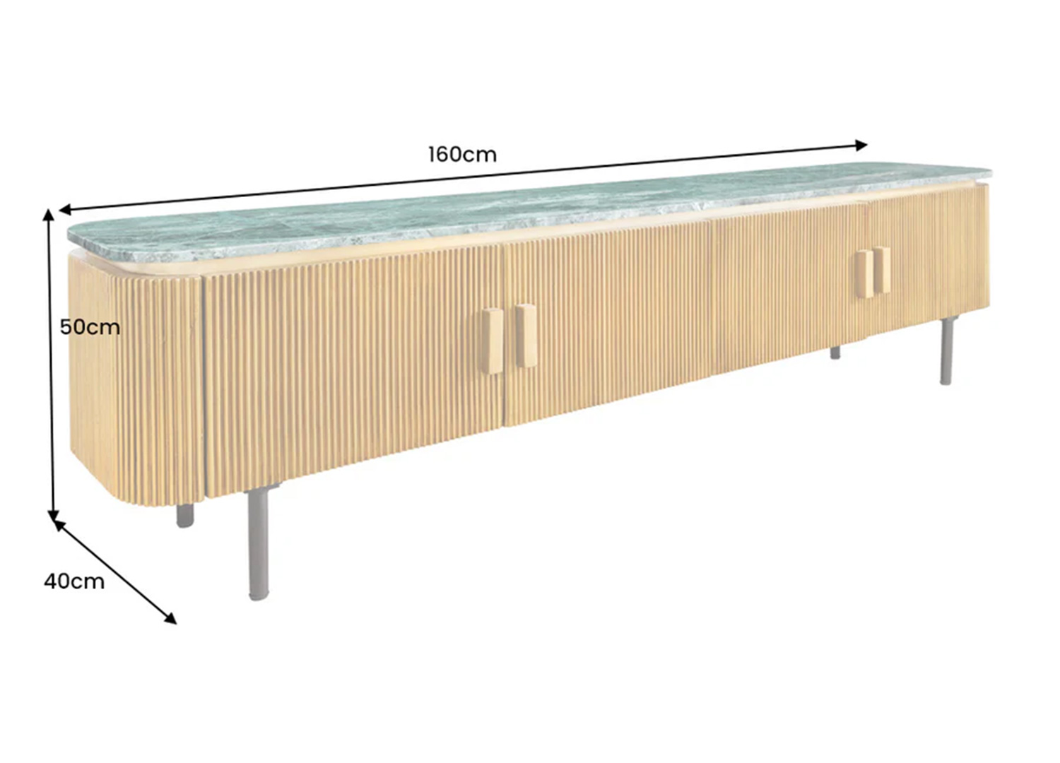 Dimensions du meuble TV ORVÉLIA 160 cm en manguier finition laiton et marbre vert