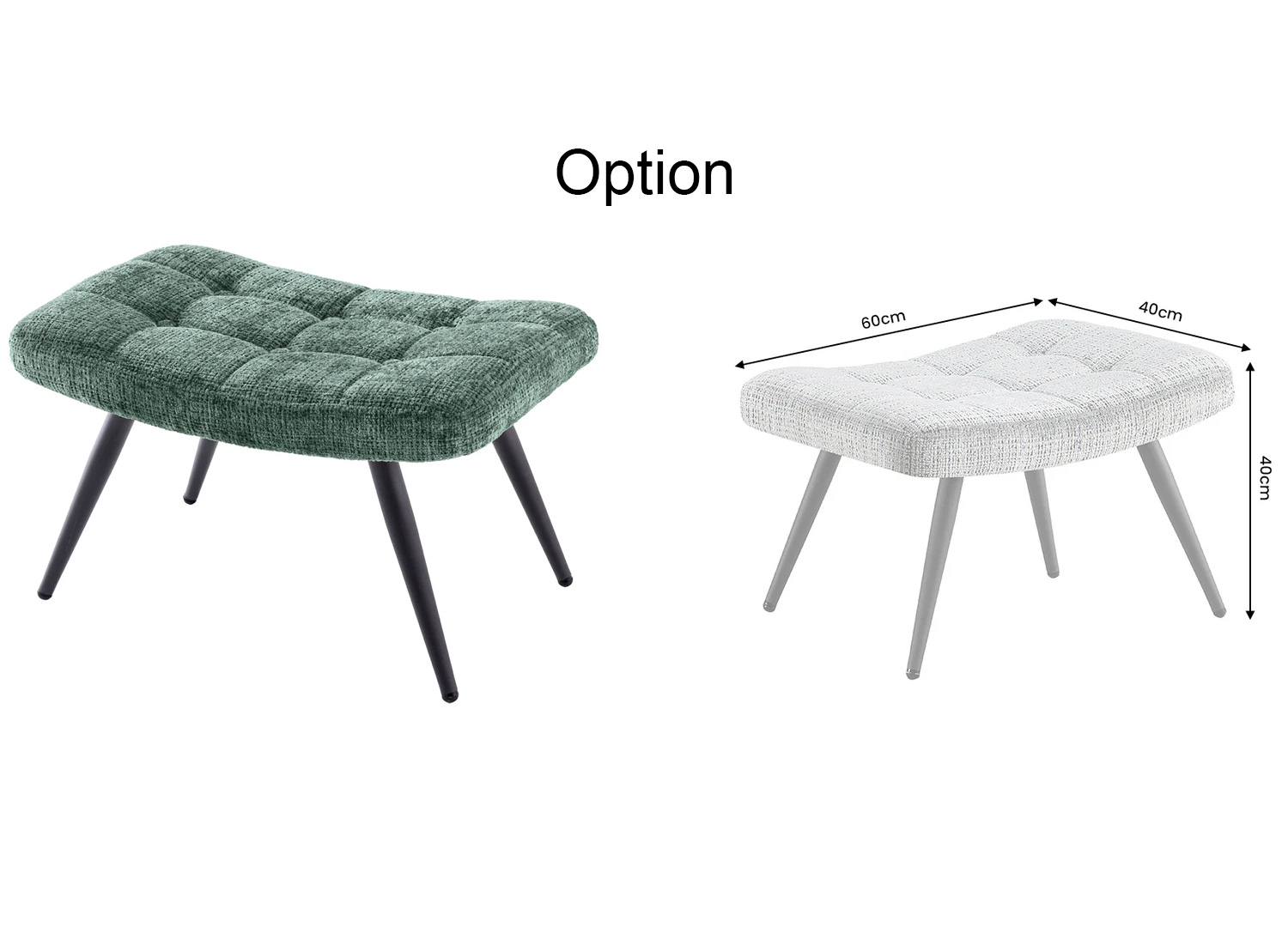 Repose-pieds SÉLÈNE en chenille verte disponible en option, dimensions 60 × 40 × 40 cm