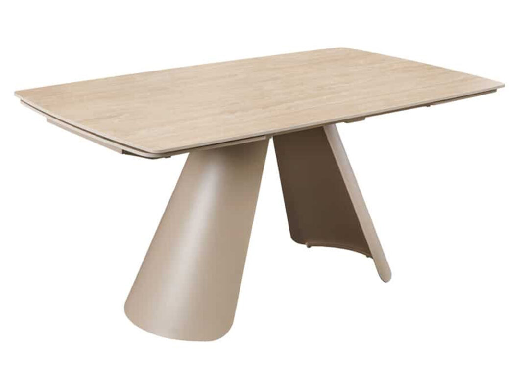 Table à manger ÉLORIA fermée sur fond blanc avec plateau céramique effet travertin