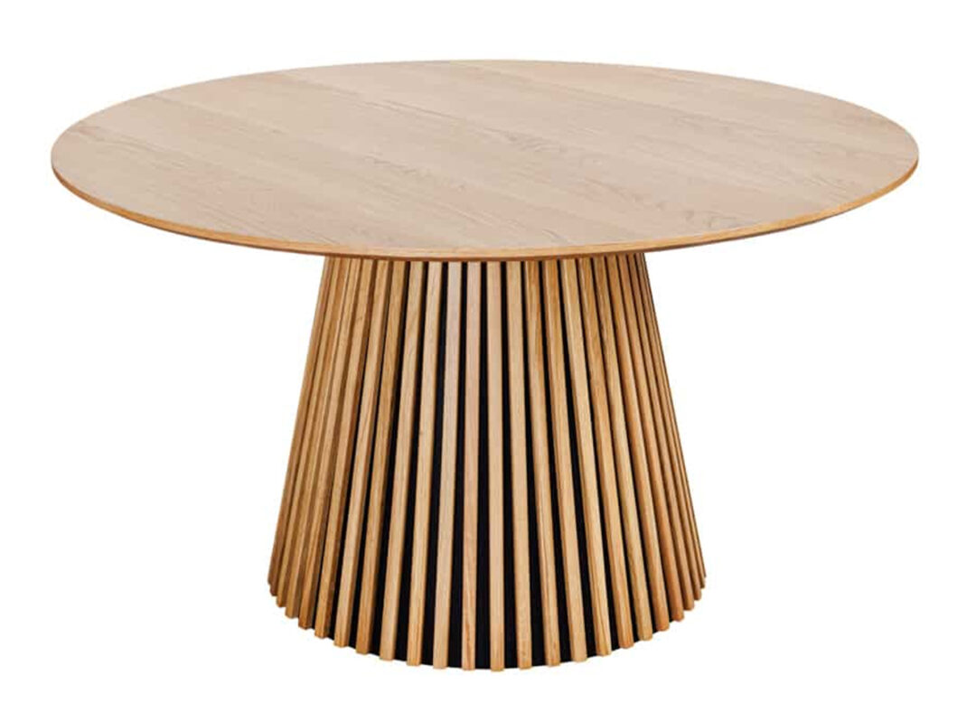 Table à manger ronde VALÉRAN 140 cm en placage chêne naturel avec pied central conique à lattes