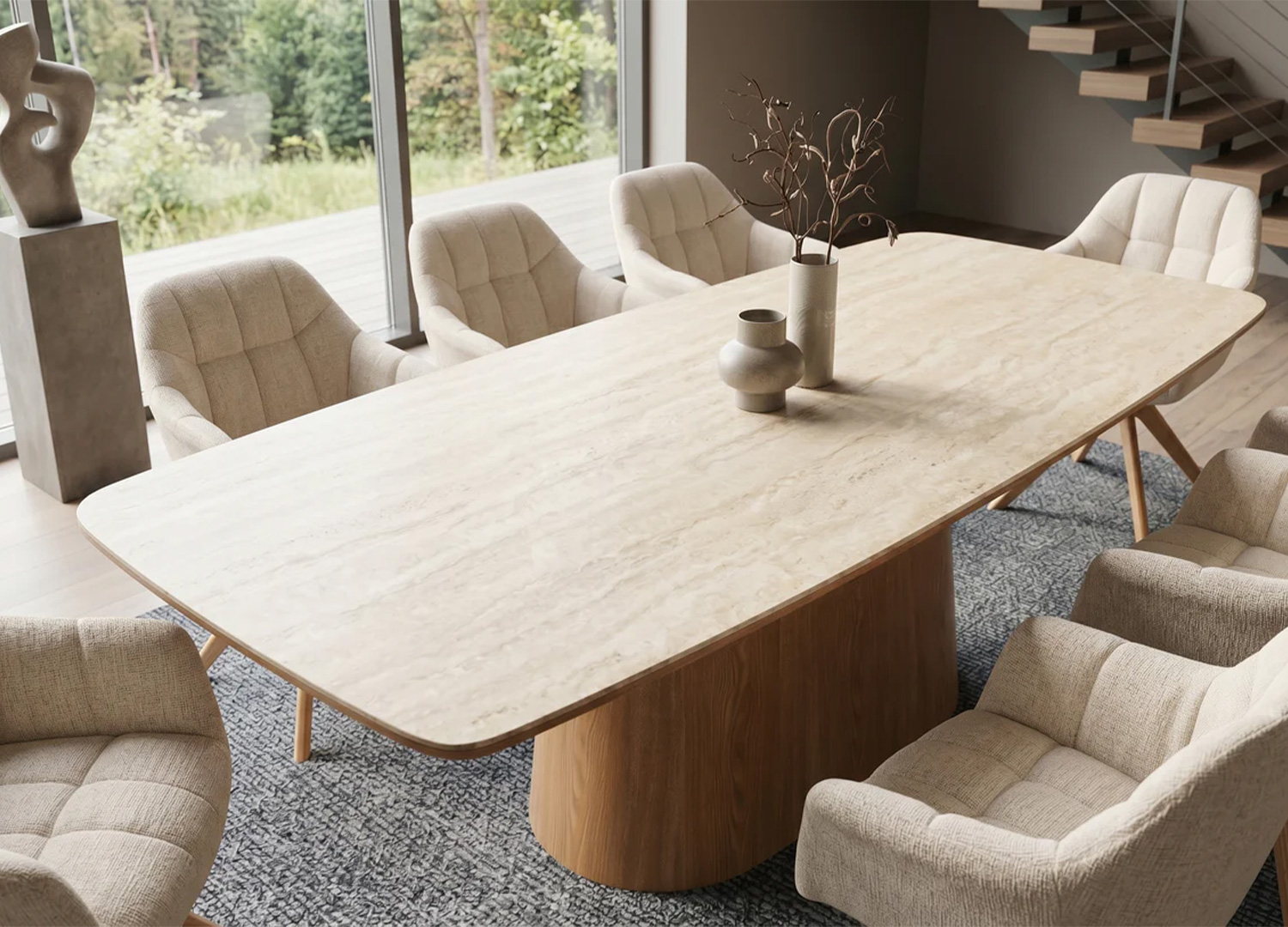 Table à manger SÉRANDE 200 cm en céramique effet travertin avec pied colonne en chêne dans une salle à manger lumineuse