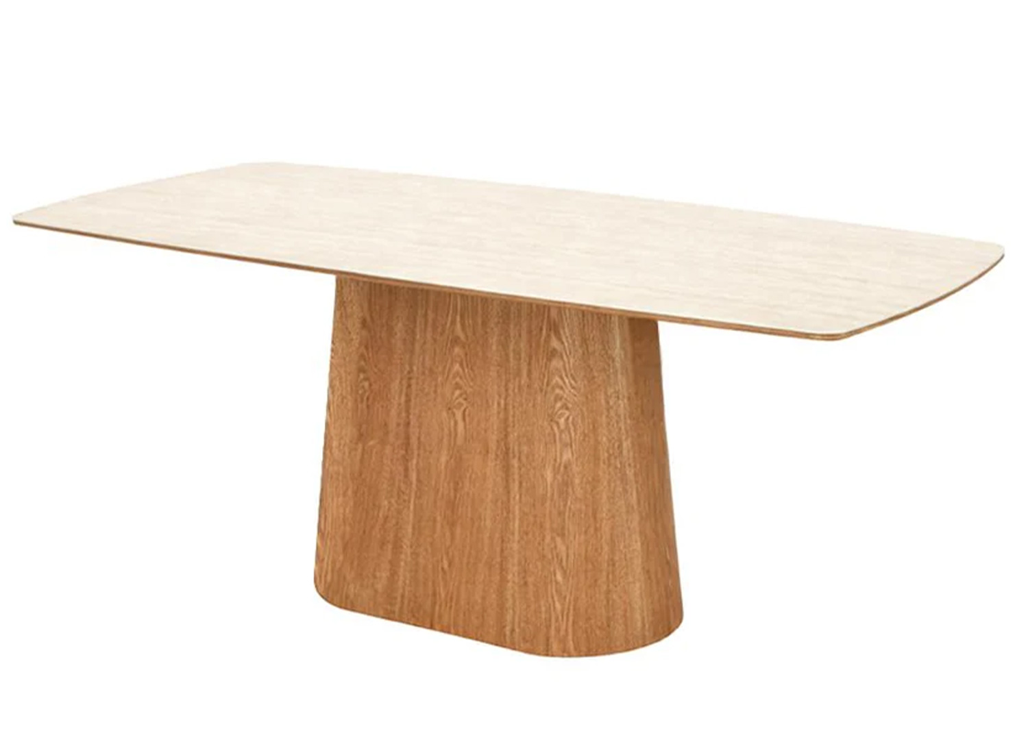 Table à manger SÉRANDE 200 cm avec plateau en céramique travertin et pied en chêne sur fond blanc