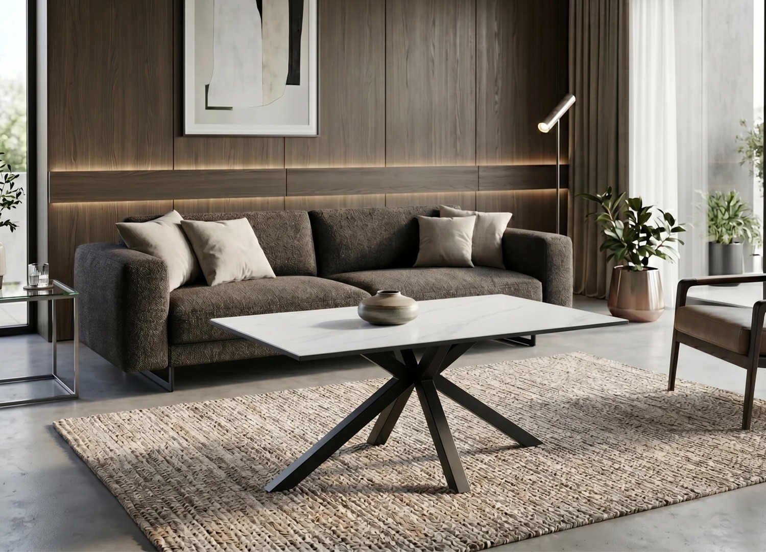 Table basse KAVEN 100 cm blanche effet marbre dans un salon contemporain avec canapé marron