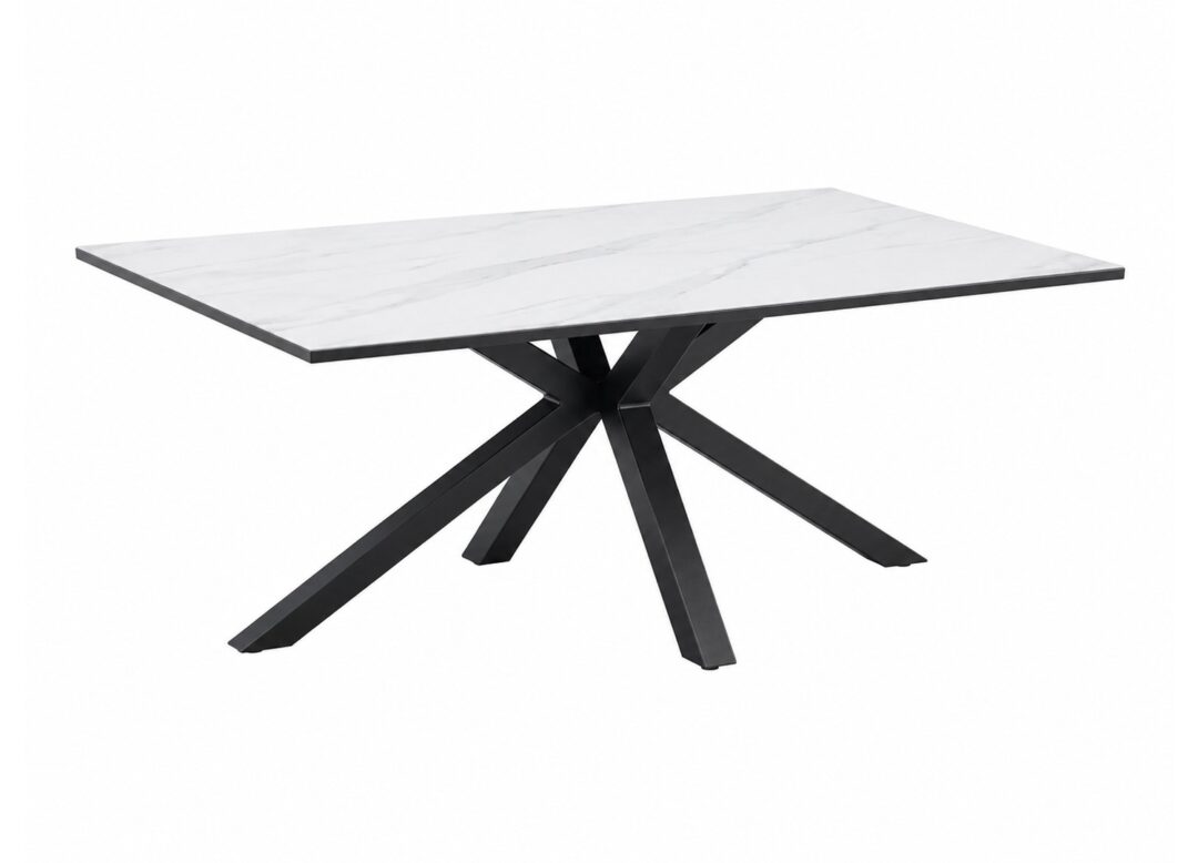 Table basse KAVEN 100 cm en céramique blanche effet marbre avec piètement étoile noir sur fond blanc