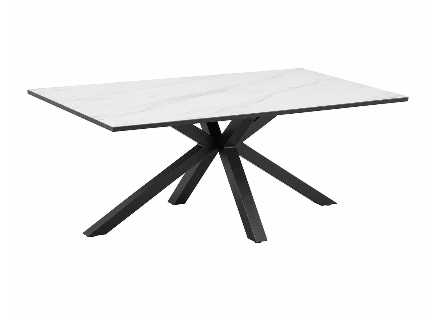 Table basse KAVEN 100 cm en céramique blanche effet marbre avec piètement étoile noir sur fond blanc