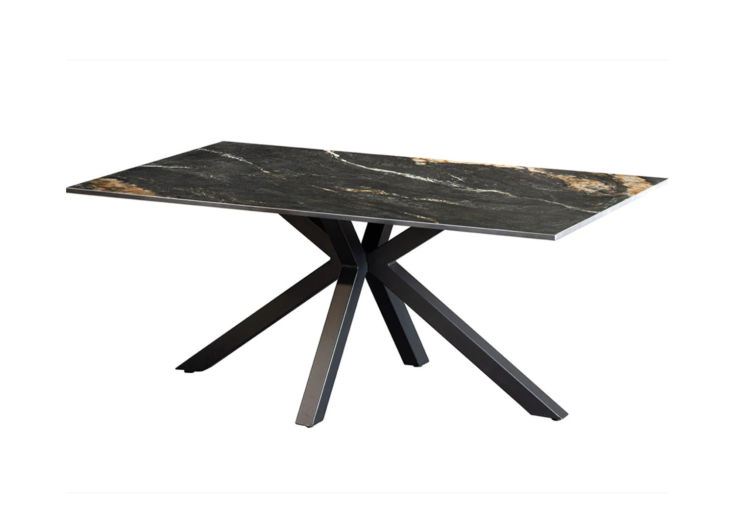Table basse KAVEN 100 cm en céramique noir, or et sable avec piètement étoile noir sur fond blanc
