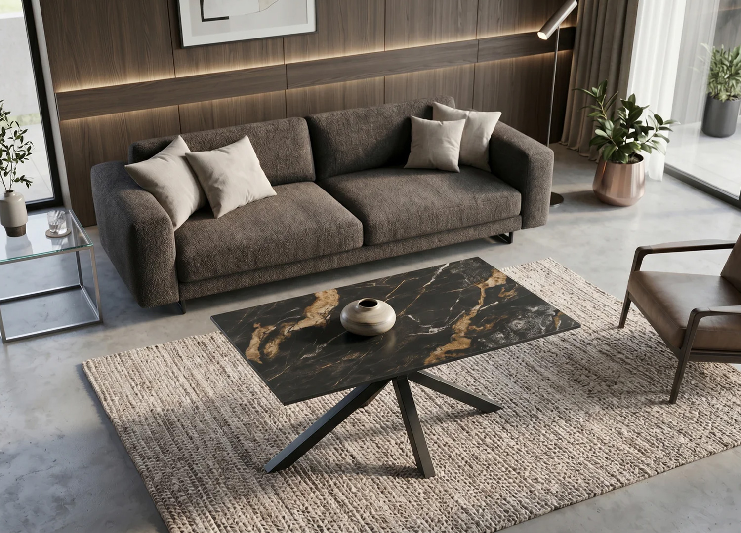 Vue haute de la table basse KAVEN 100 cm en céramique noir et or dans un salon contemporain