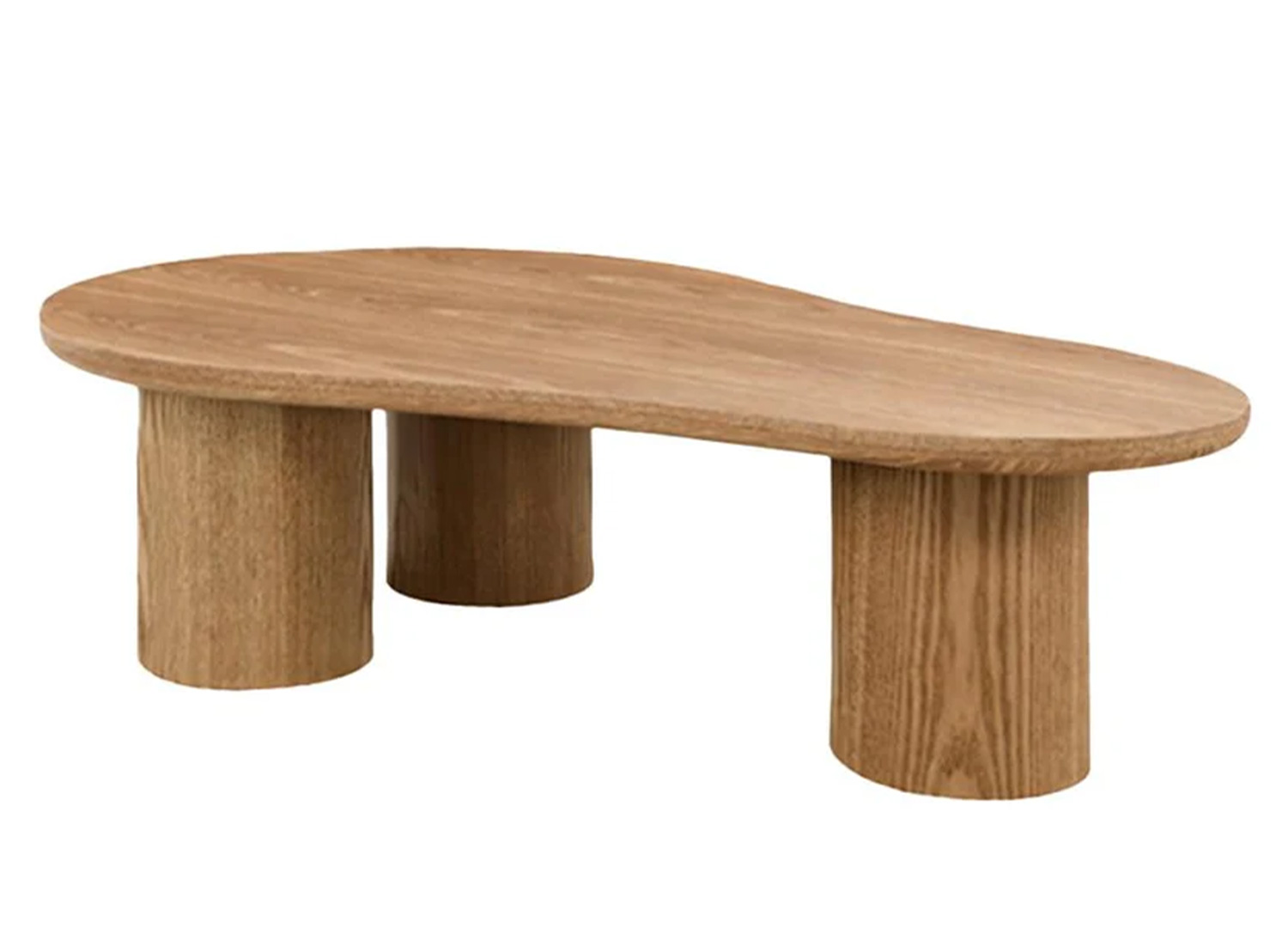 Table basse organique NÉRAYA 130 cm en placage chêne sur fond blanc