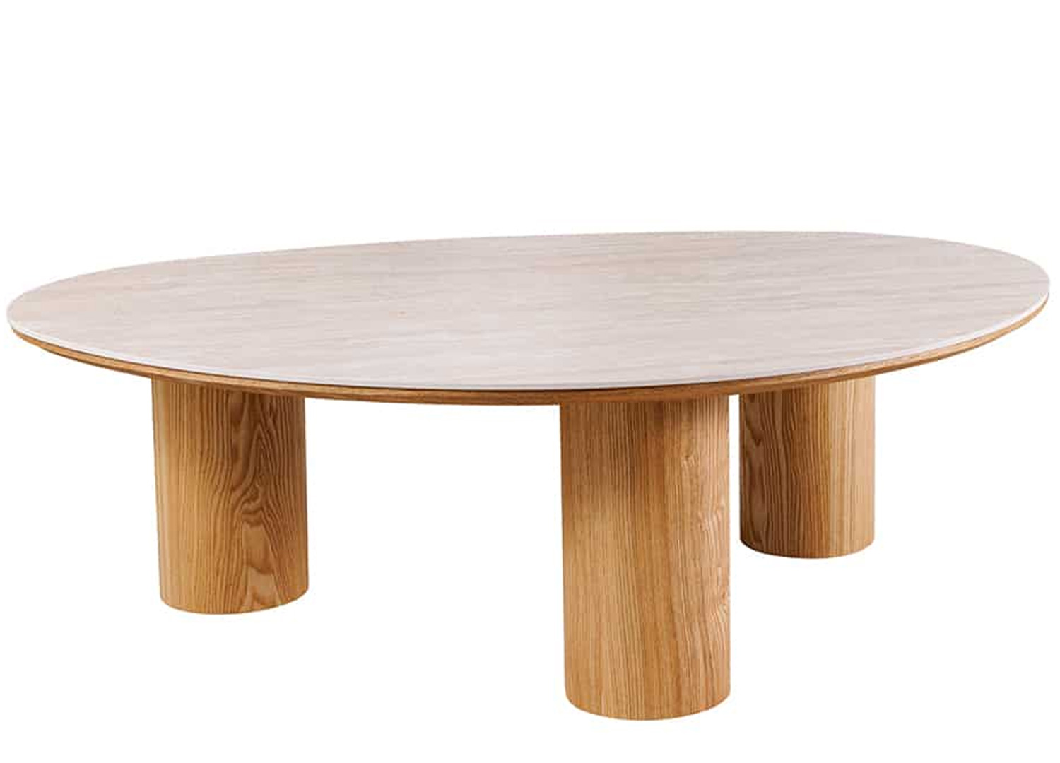 Table basse NÉRAYA en céramique travertin et aspect chêne sur fond blanc