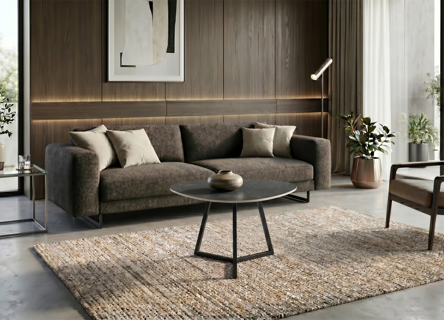 Table basse ORBIS 70 cm en céramique anthracite devant un canapé gris dans un salon contemporain