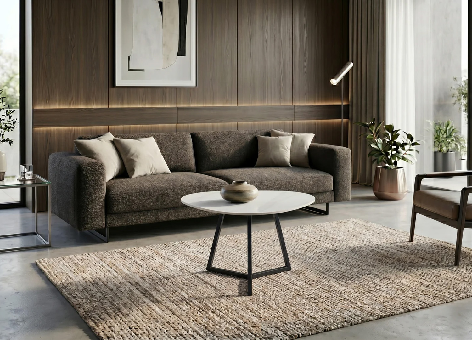 Table basse ORBIS 70 cm en céramique blanche placée devant un canapé gris