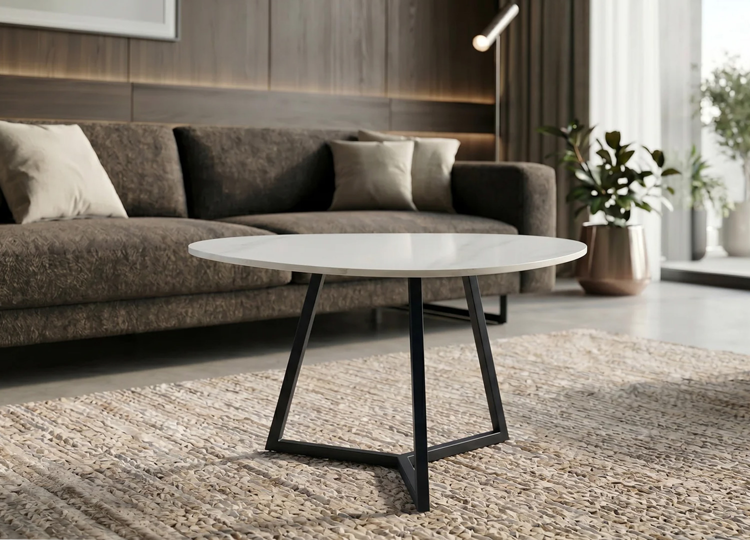 Vue de face de la table basse ORBIS 70 cm avec plateau blanc effet marbre et piètement noir