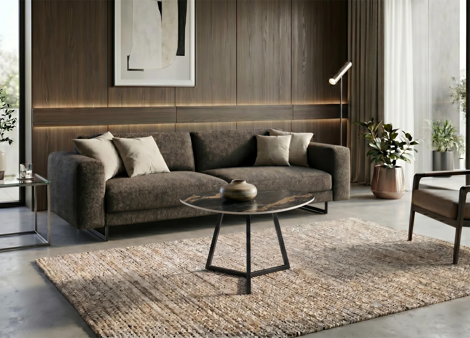 Table basse ORBIS 70 cm en céramique noir doré devant un canapé en velours