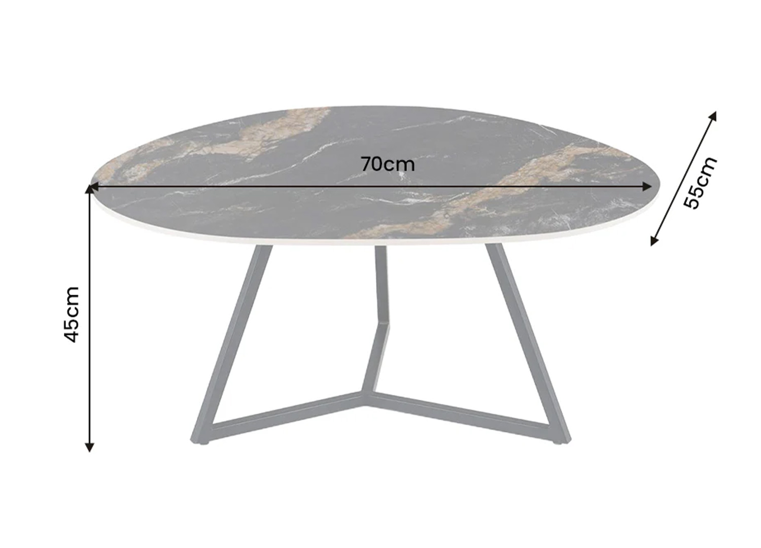 Dimensions de la table basse ORBIS 70 cm en céramique noir doré 70 x 55 x 45 cm